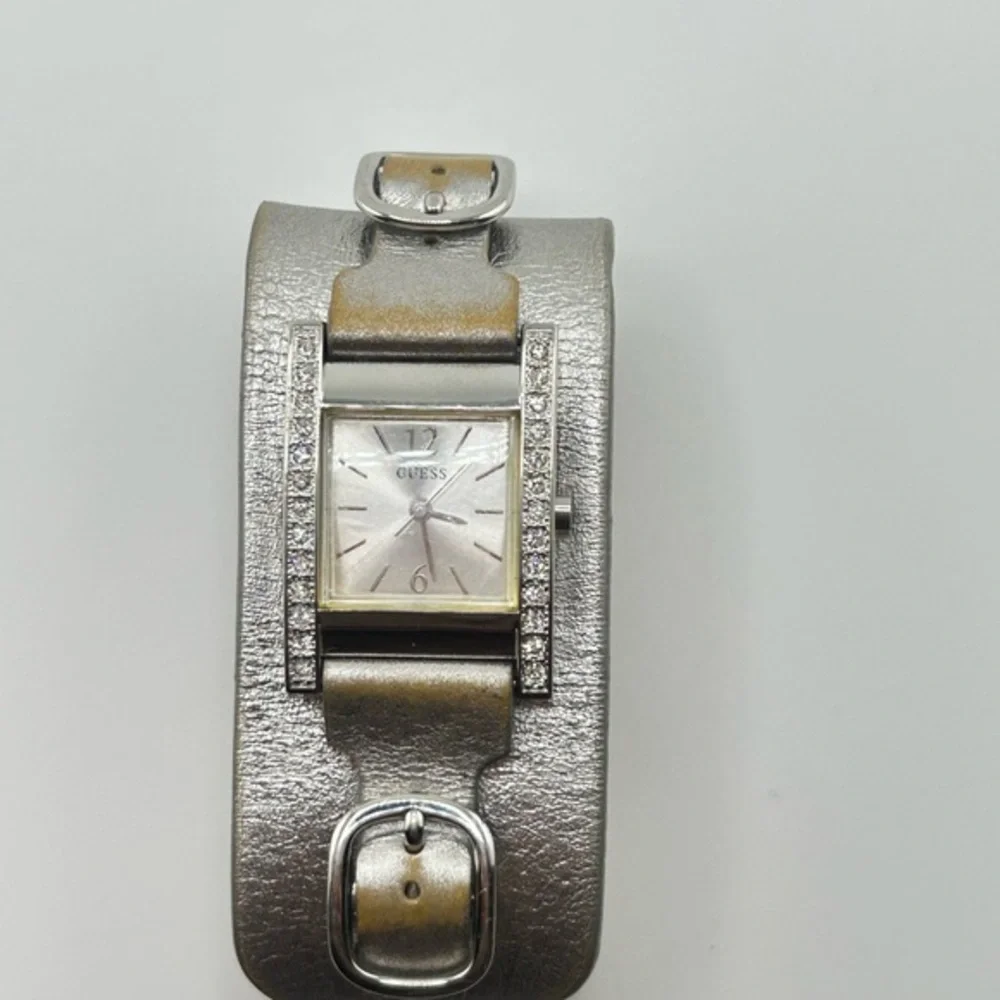 Vintage GUESS Saddle-Up Silver Leather Cuff-Style 22mm Watch Works #204